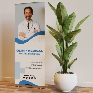 Roll up banner mockup in interior scene with a plant beside it
